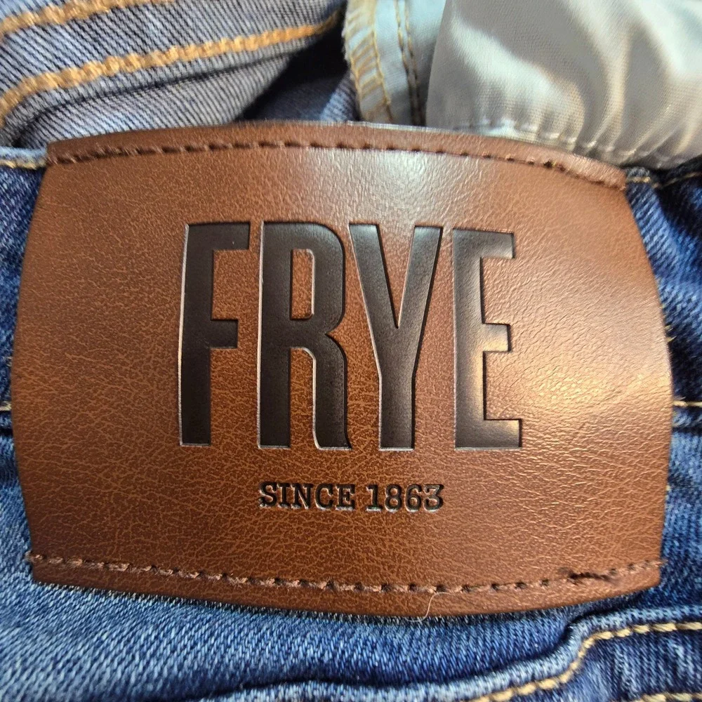 Frye Straight Stretch Womens Jeans Sz‎ 10 33x27 Dark Festival Western Logo Denim